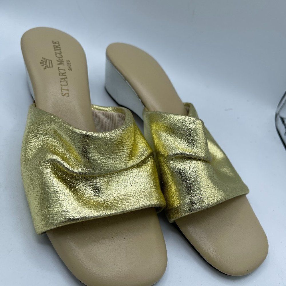 Vintage Stuart "Lady" McQuire Gold Wedge Leather Slides 8.5